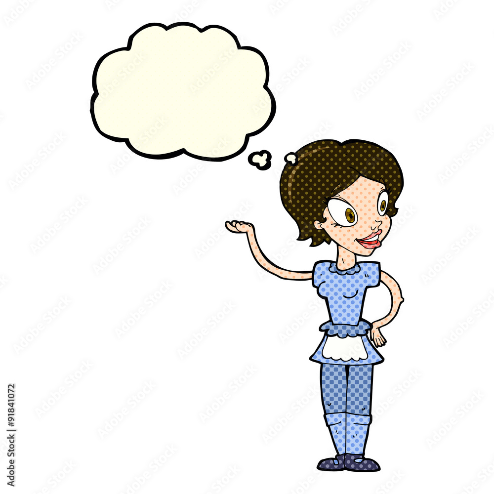 cartoon woman in maid costume with thought bubble cartoon woman in maid costume with thought bubble
