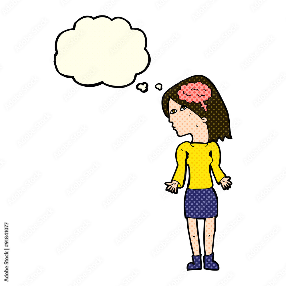 cartoon clever woman shrugging shoulders with thought bubble cartoon clever woman shrugging shoulders with thought bubble