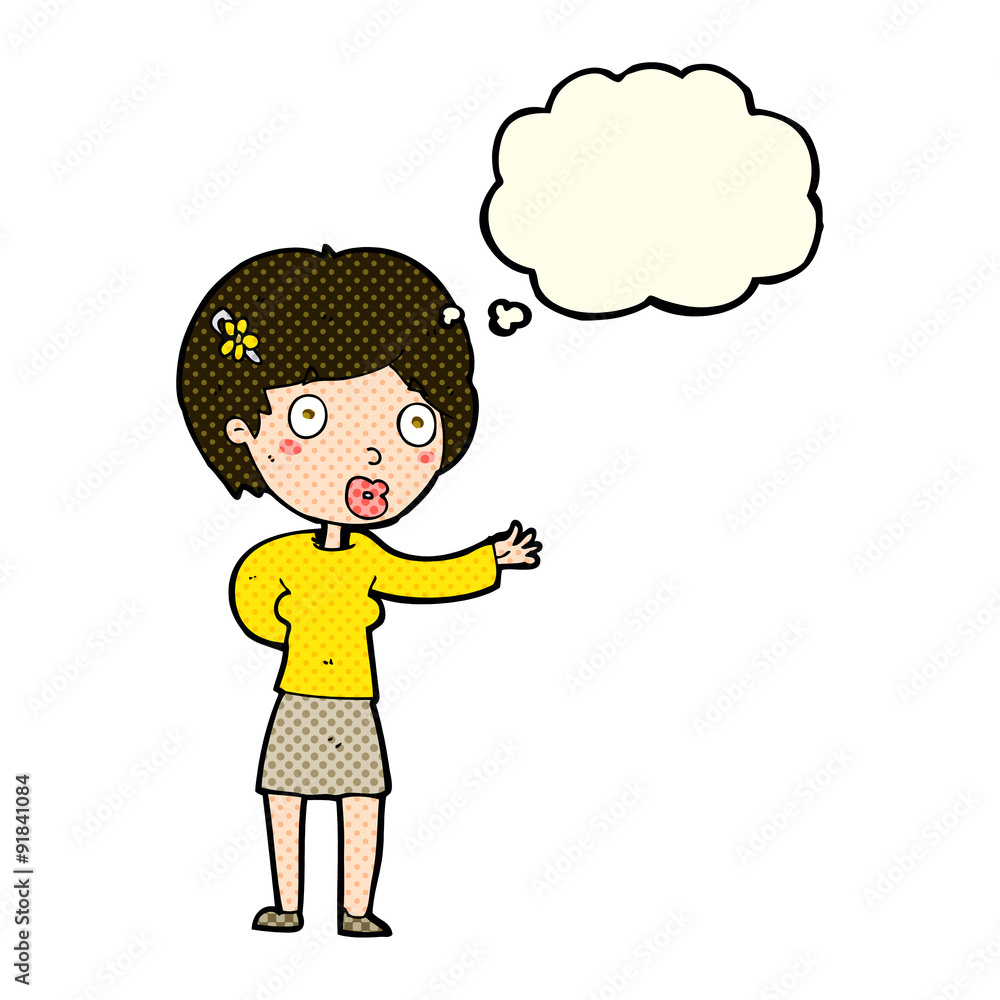 cartoon waving woman with thought bubble cartoon waving woman with thought bubble