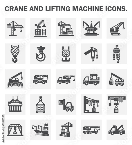 Crane icon or lifting equipment i.e. tower, crawler, wich, mobile, loader, jib, overhead, gantry, container etc.  For industry work i.e. construction, transportation, production, manufacturing etc.