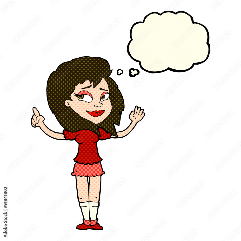 cartoon woman with idea with thought bubble cartoon woman with idea with thought bubble