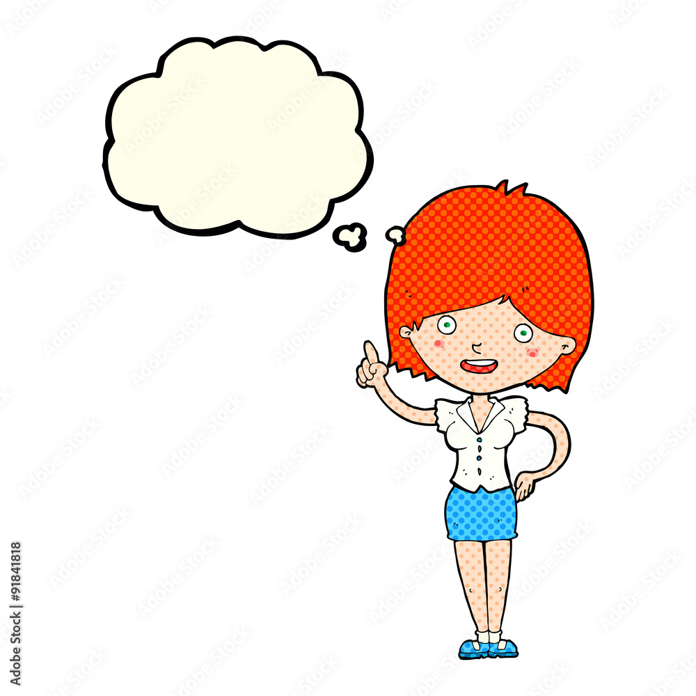 cartoon woman with idea with thought bubble cartoon woman with idea with thought bubble