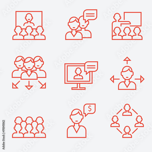 Teamwork and communication icons, thin line style, flat design