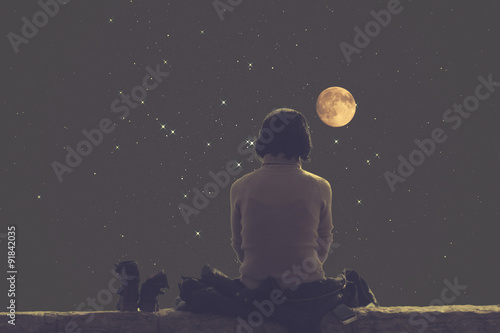 Girl watching Moon and stars. 