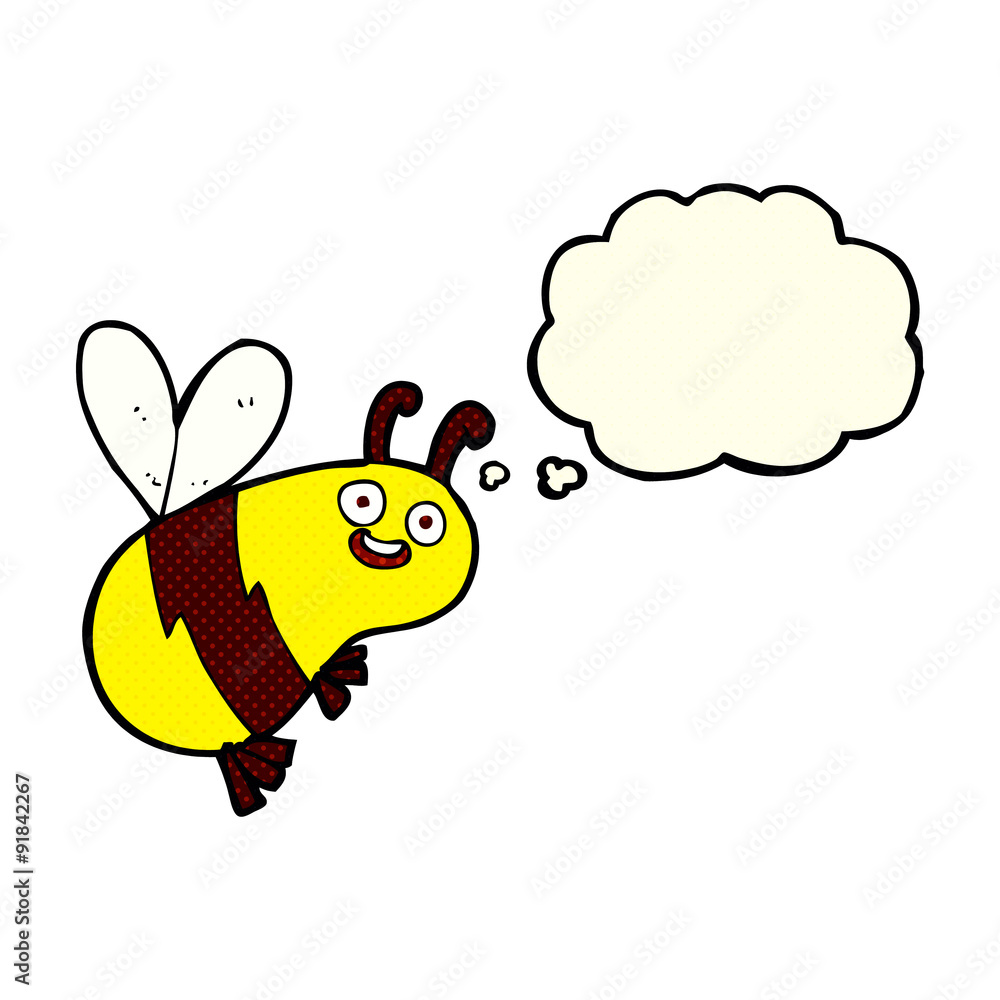 funny cartoon bee with thought bubble - obrazy, fototapety, plakaty 