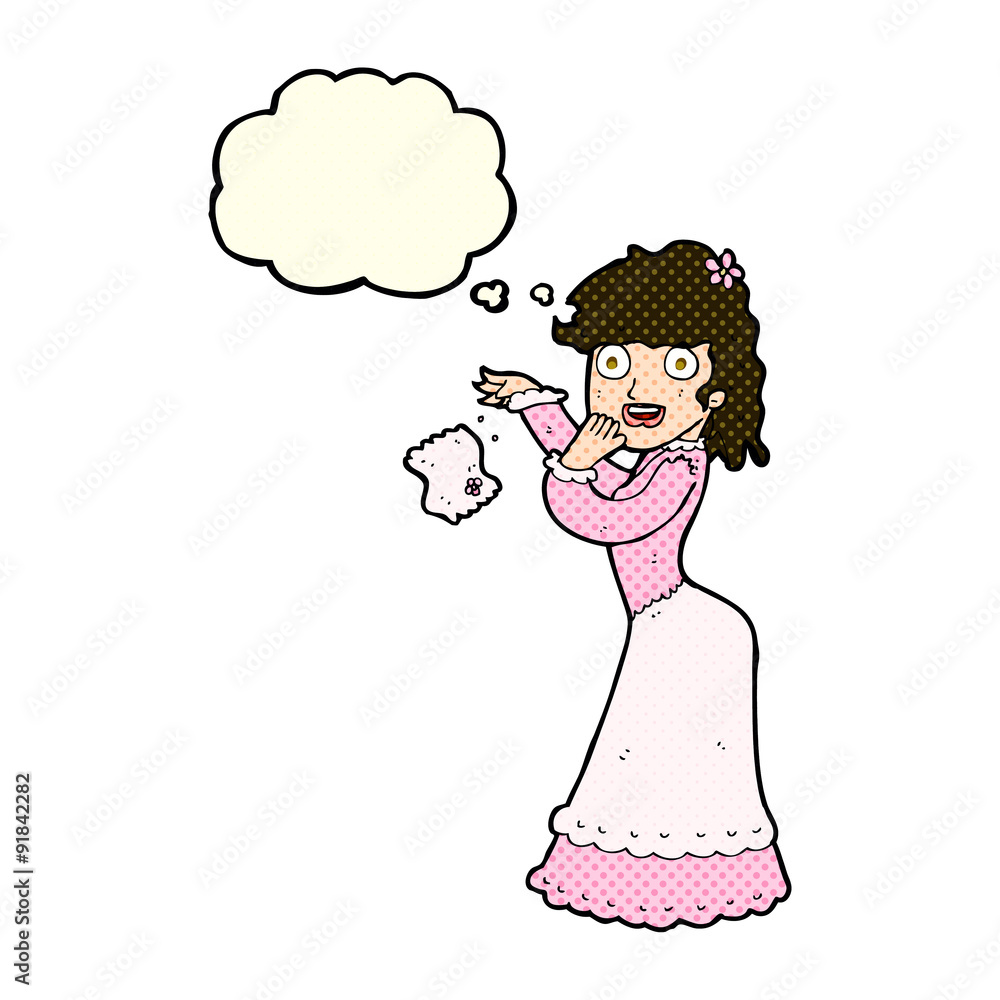 cartoon victorian woman dropping handkerchief with thought bubbl cartoon victorian woman dropping handkerchief with thought bubbl