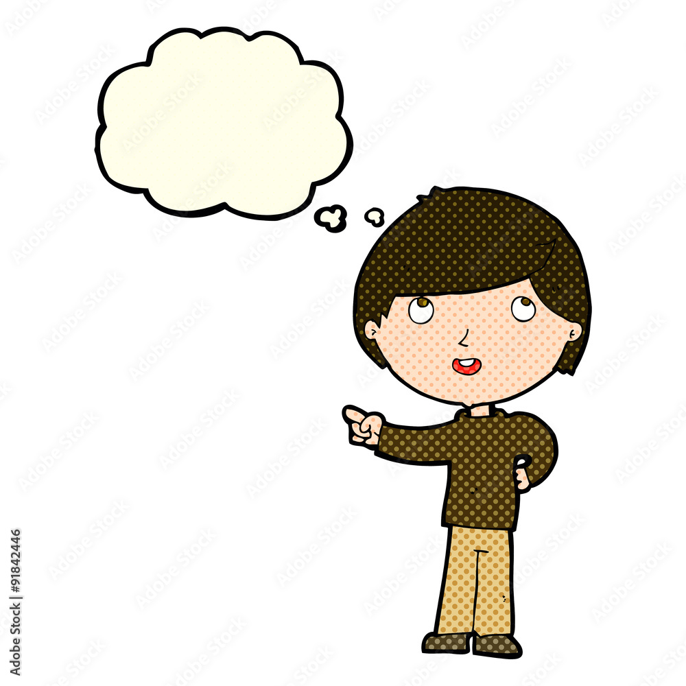 cartoon boy pointing with thought bubble cartoon boy pointing with thought bubble