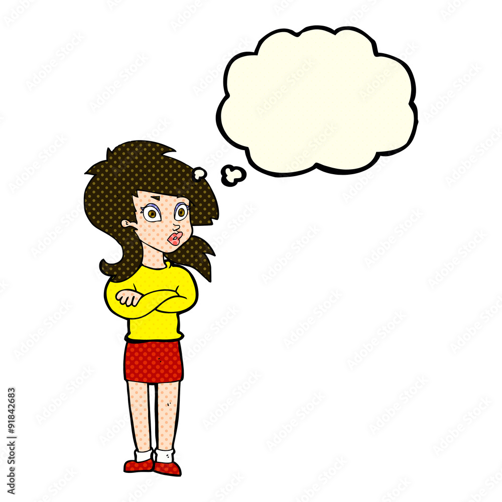 cartoon woman with folded arms with thought bubble cartoon woman with folded arms with thought bubble