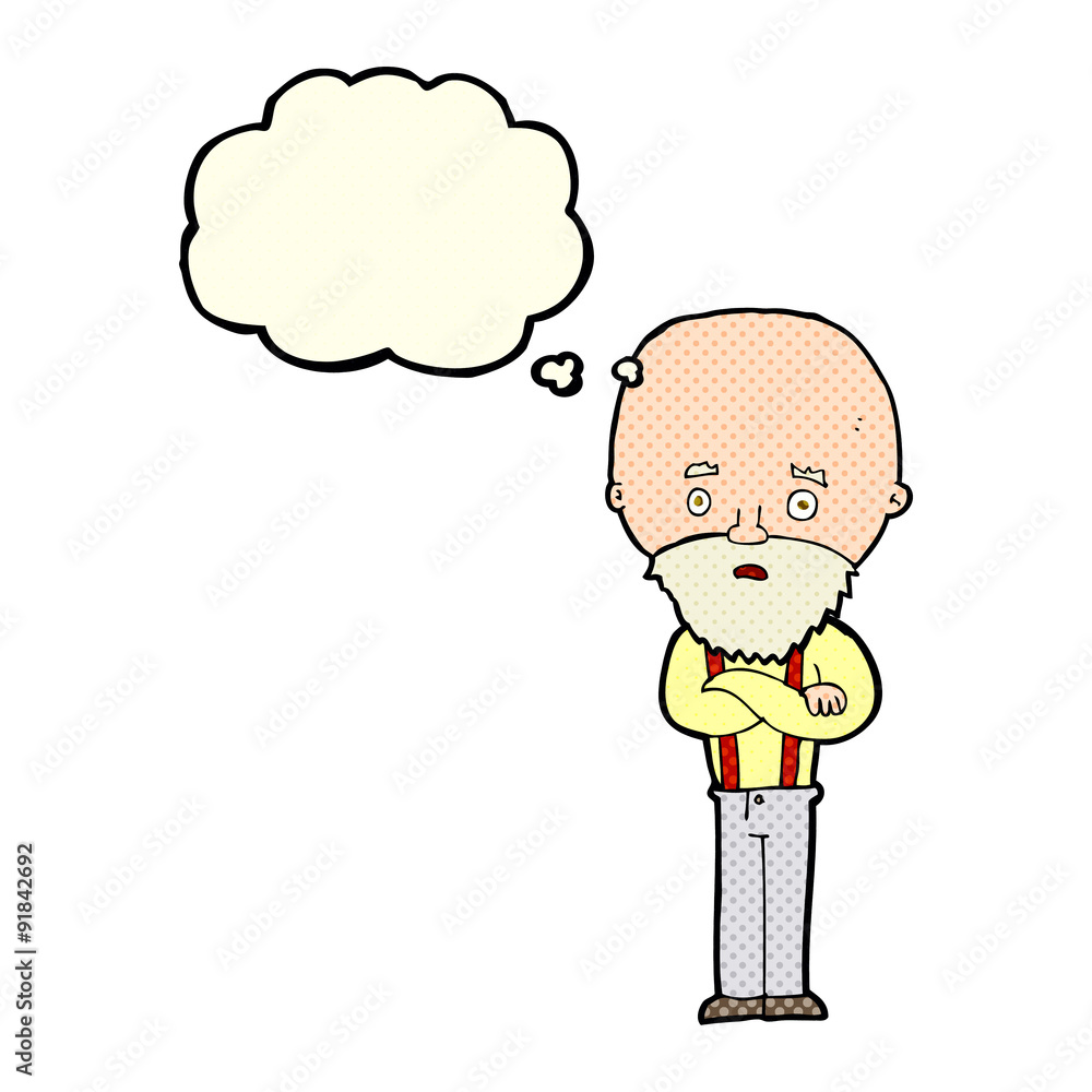 cartoon worried old man with thought bubble