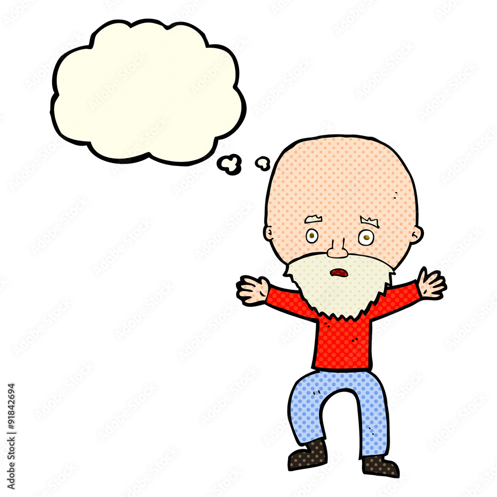 cartoon panicking old man with thought bubble