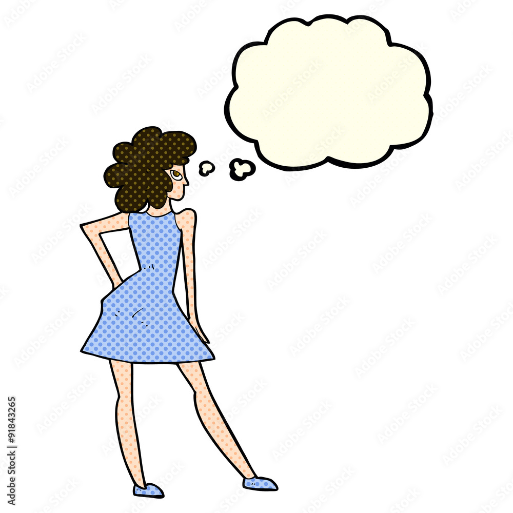 cartoon woman posing in dress with thought bubble cartoon woman posing in dress with thought bubble