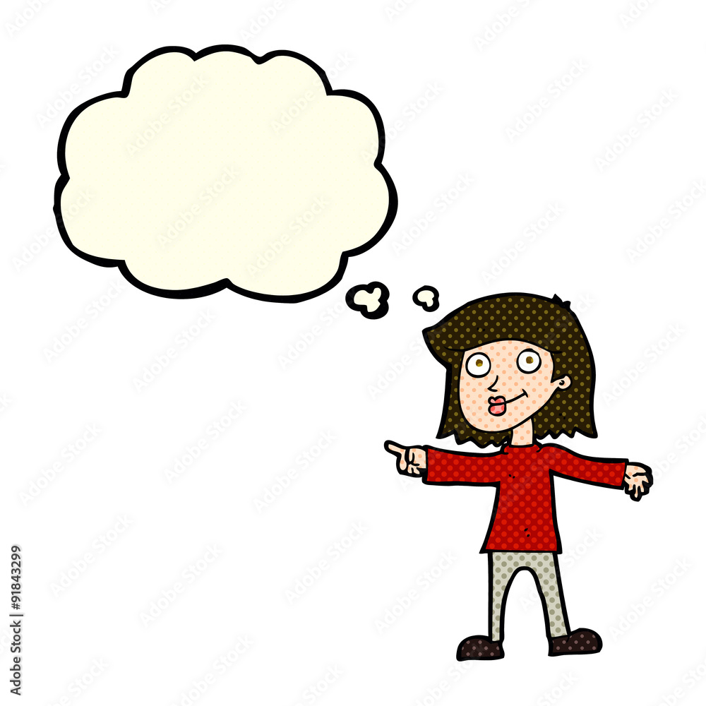 cartoon happy woman pointing with thought bubble cartoon happy woman pointing with thought bubble