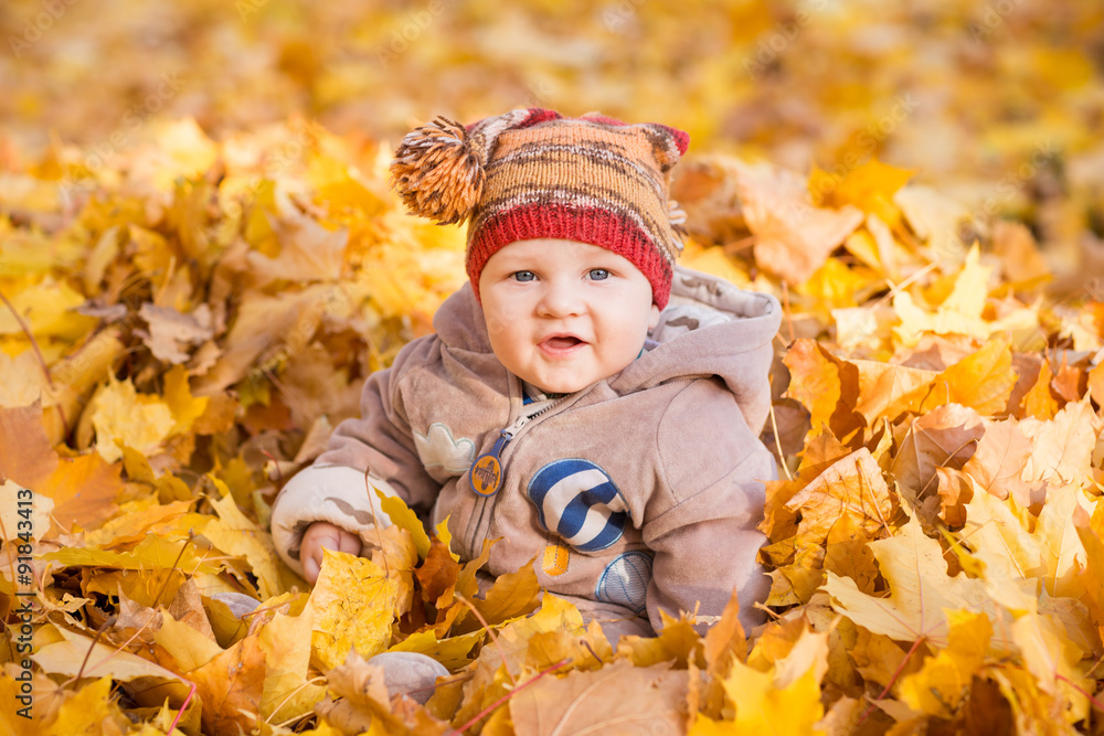 Cute baby in autumn leaves. Cute baby in autumn leaves.