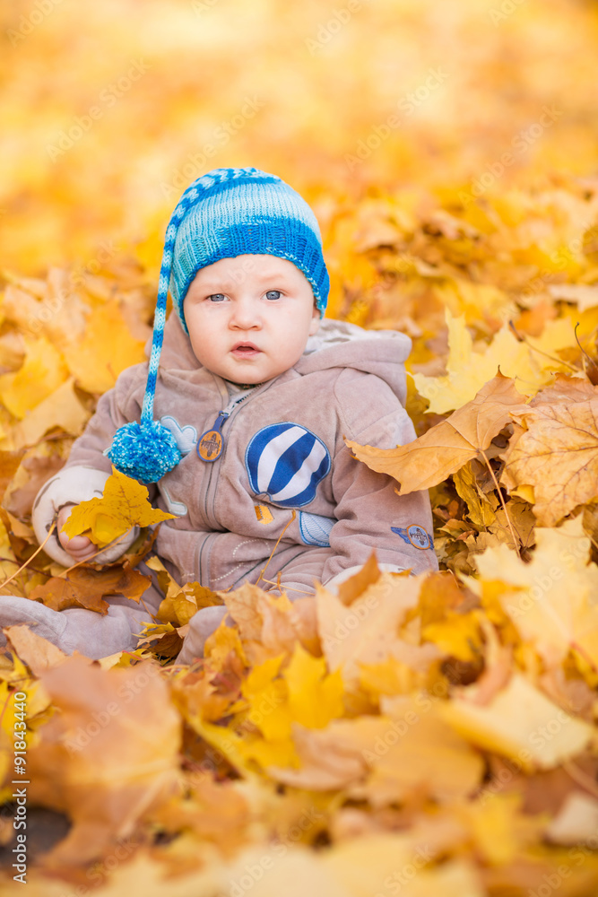 Cute baby in autumn leaves. Cute baby in autumn leaves.