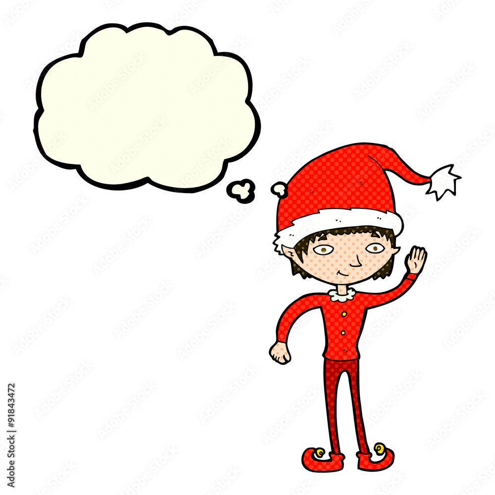 cartoon waving christmas elf with thought bubble cartoon waving christmas elf with thought bubble