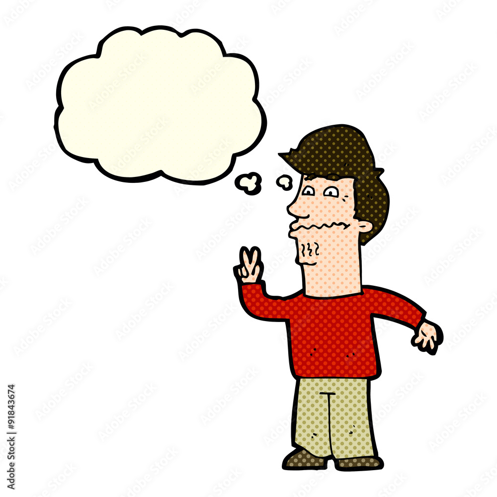 cartoon man giving peace sign with thought bubble cartoon man giving peace sign with thought bubble