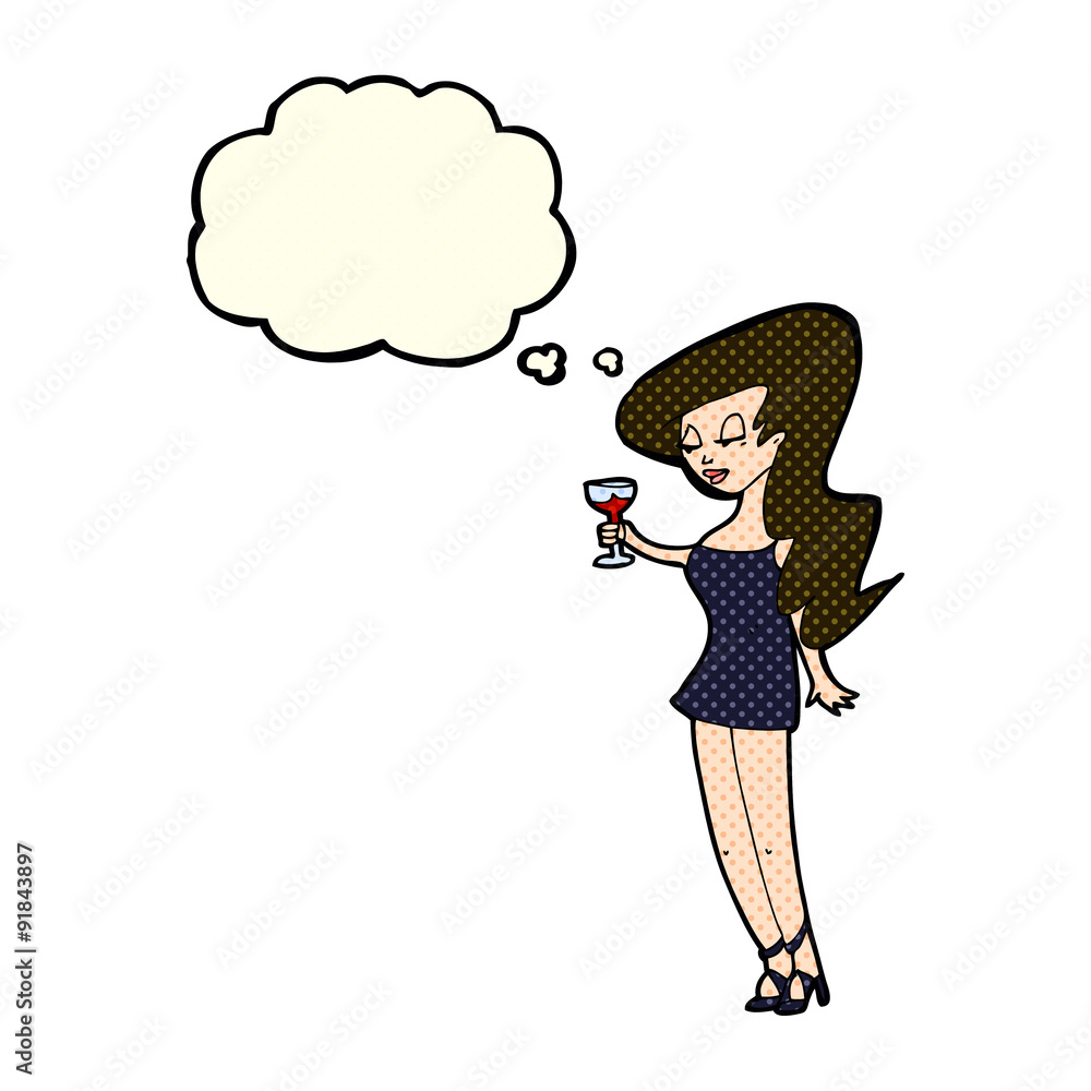 cartoon woman at party with thought bubble cartoon woman at party with thought bubble