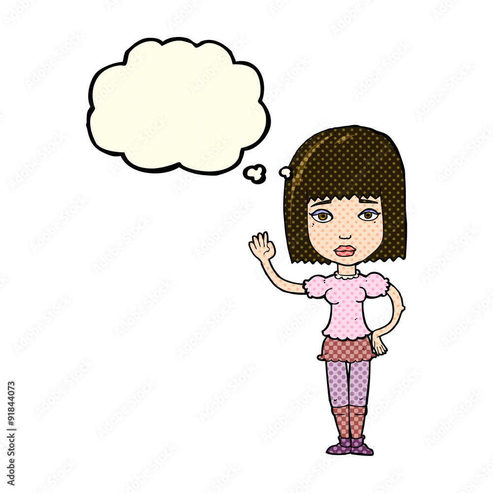cartoon woman waving with thought bubble cartoon woman waving with thought bubble