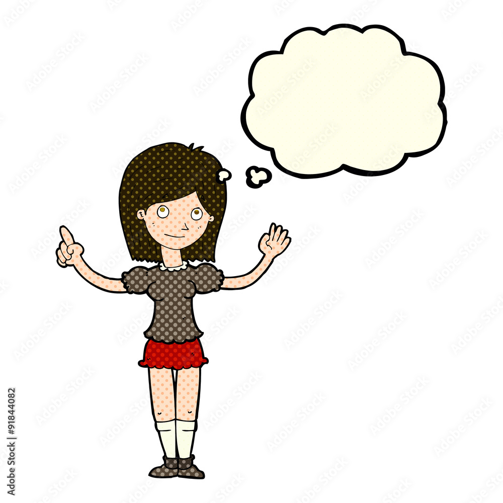 cartoon woman explaining idea with thought bubble cartoon woman explaining idea with thought bubble