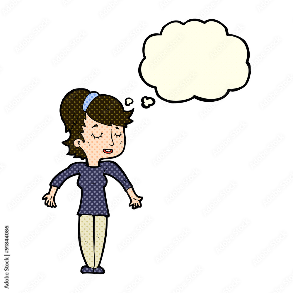 cartoon friendly woman shrugging shoulders with thought bubble cartoon friendly woman shrugging shoulders with thought bubble