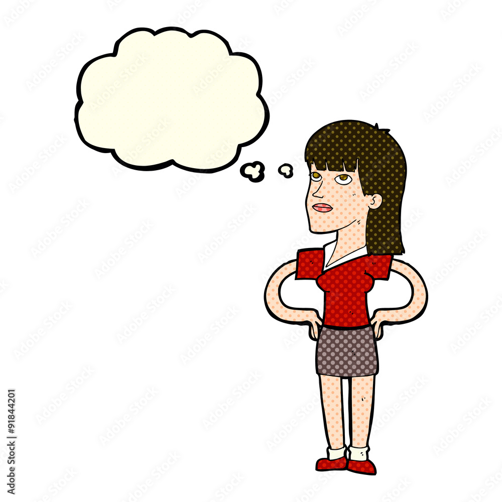 cartoon woman with hands on hips with thought bubble cartoon woman with hands on hips with thought bubble