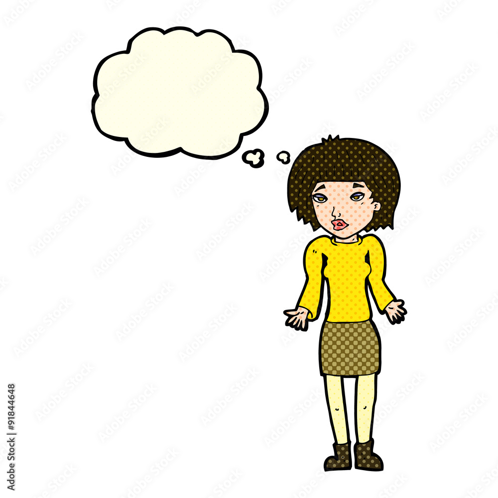cartoon woman shrugging shoulders with thought bubble cartoon woman shrugging shoulders with thought bubble
