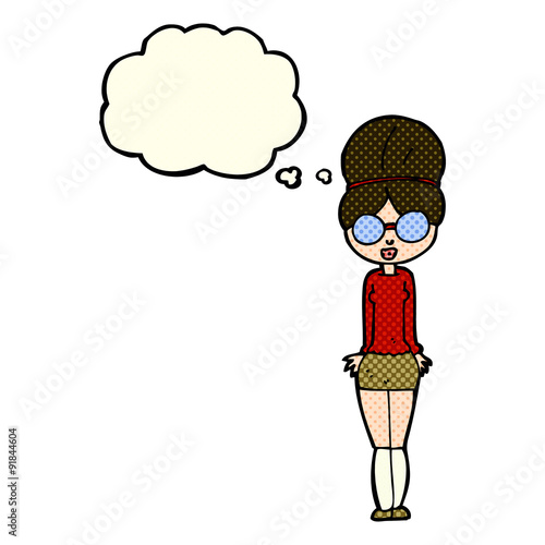 cartoon librarian woman with thought bubble