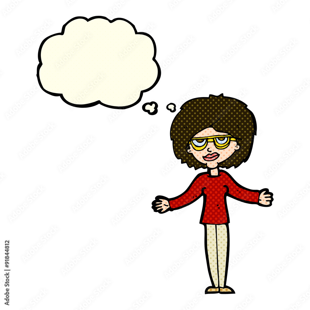 cartoon woman wearing spectacles with thought bubble cartoon woman wearing spectacles with thought bubble