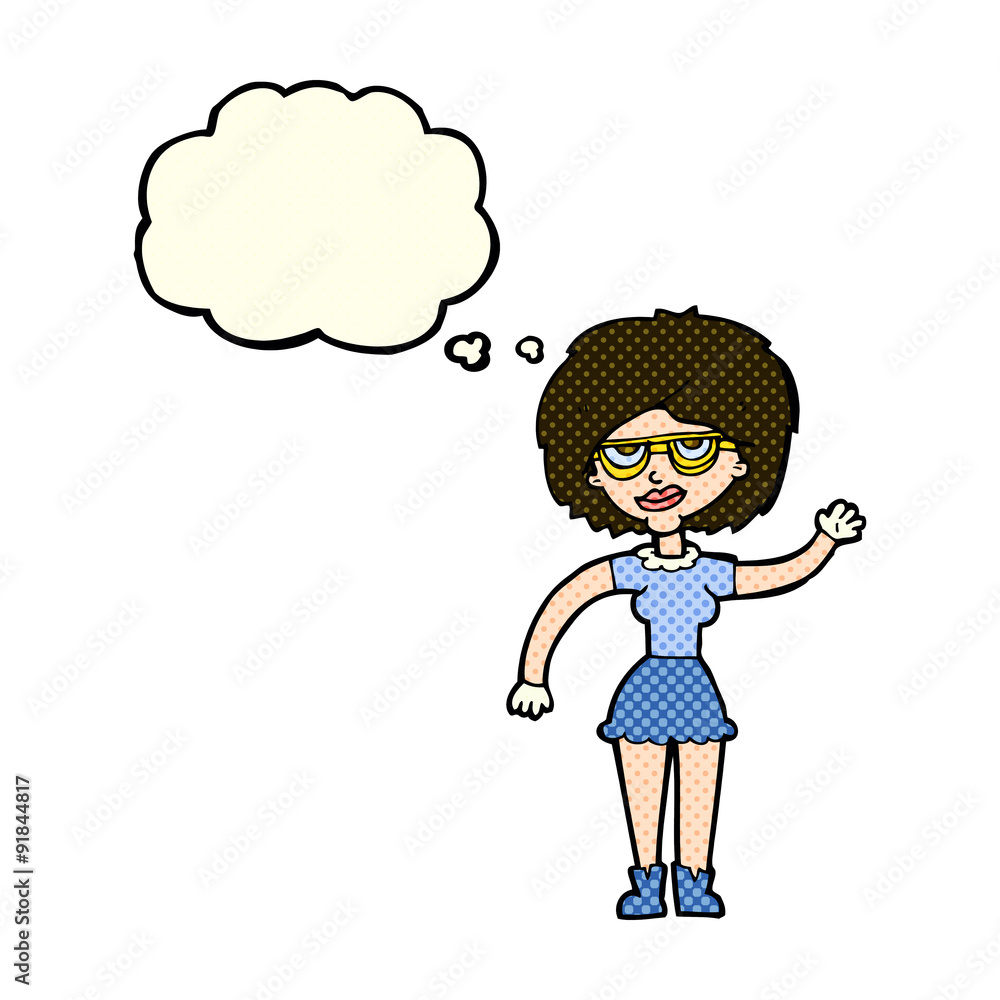 cartoon waving woman wearing spectacles with thought bubble cartoon waving woman wearing spectacles with thought bubble
