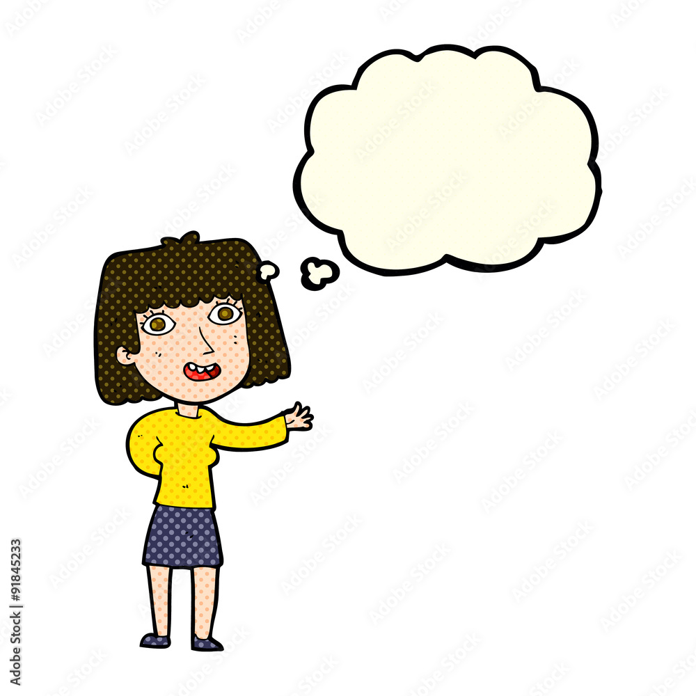 cartoon friendly woman waving with thought bubble cartoon friendly woman waving with thought bubble