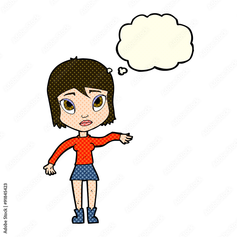 cartoon woman waving hand with thought bubble cartoon woman waving hand with thought bubble