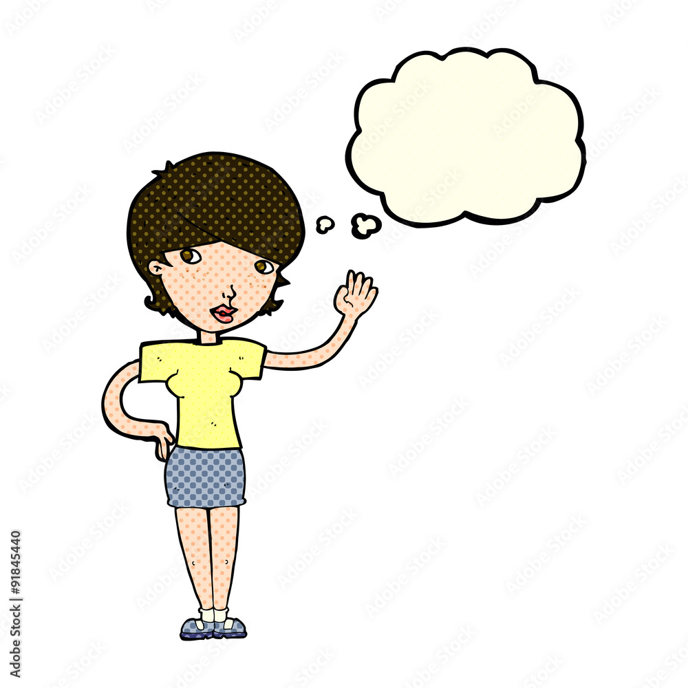 cartoon woman waving with thought bubble cartoon woman waving with thought bubble