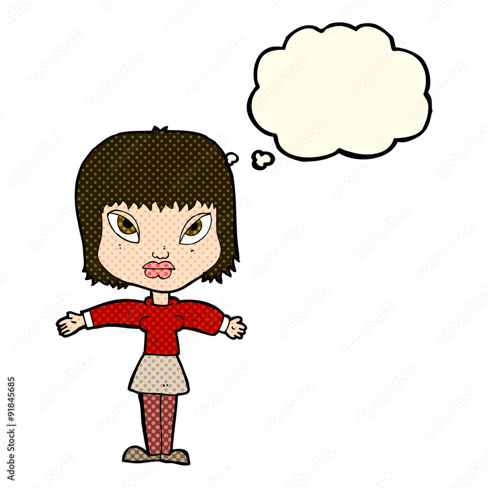 cartoon woman with outstretched arms with thought bubble cartoon woman with outstretched arms with thought bubble