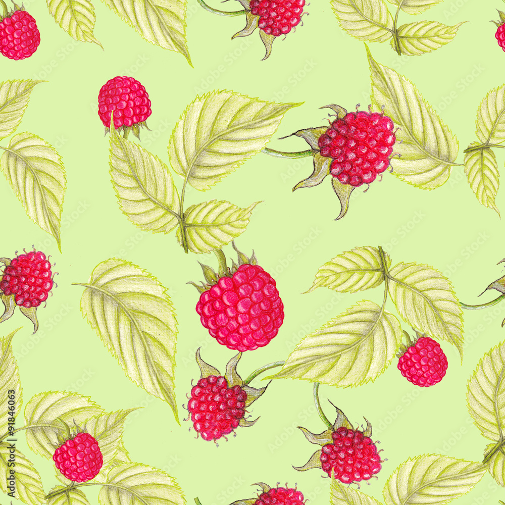 Raspberry pattern on green background Raspberry pattern on green background