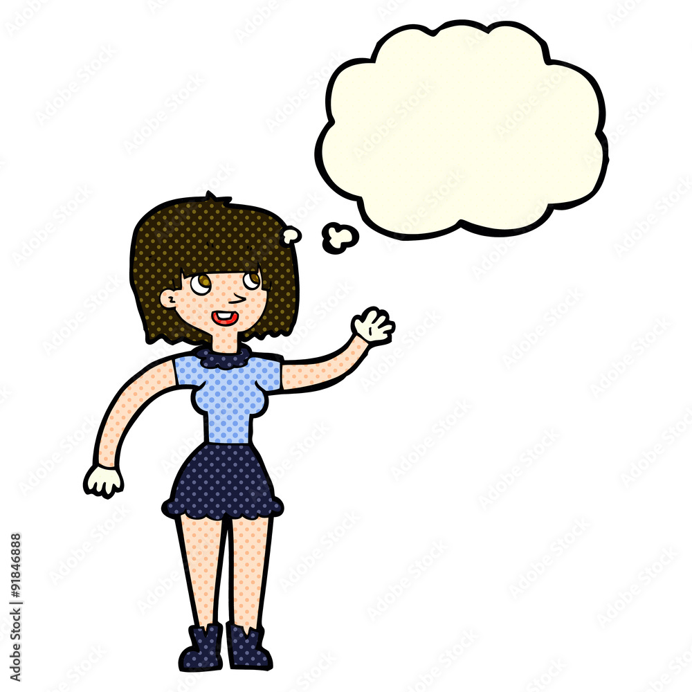 cartoon girl waving with thought bubble cartoon girl waving with thought bubble