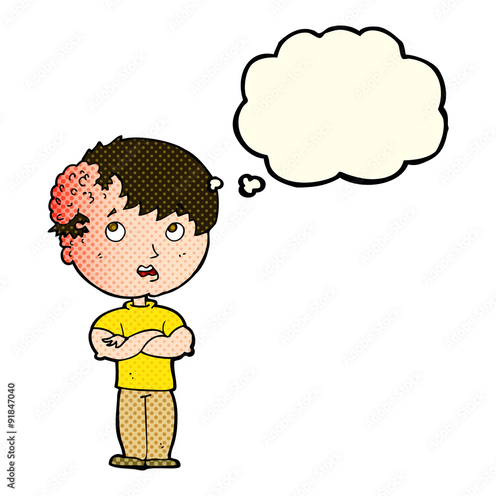 cartoon boy with growth on head with thought bubble cartoon boy with growth on head with thought bubble