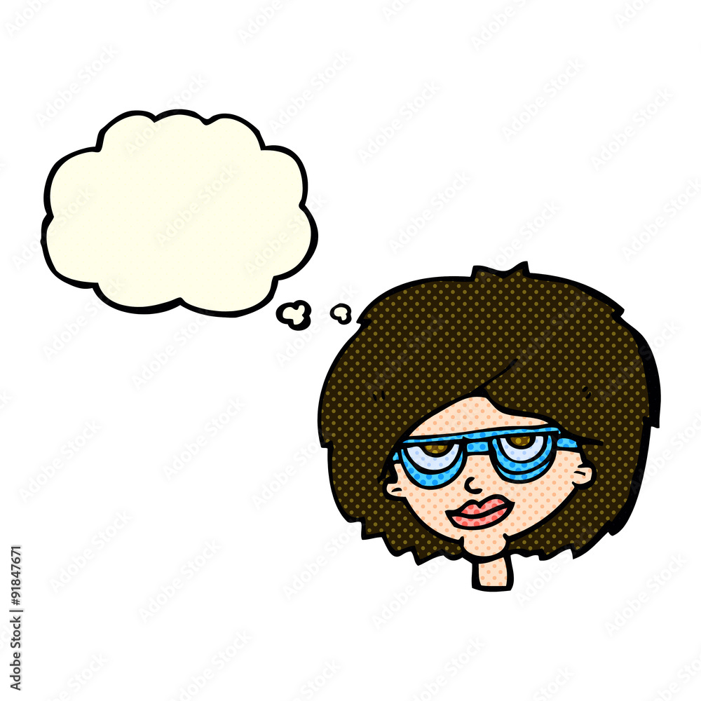 cartoon woman wearing spectacles with thought bubble cartoon woman wearing spectacles with thought bubble