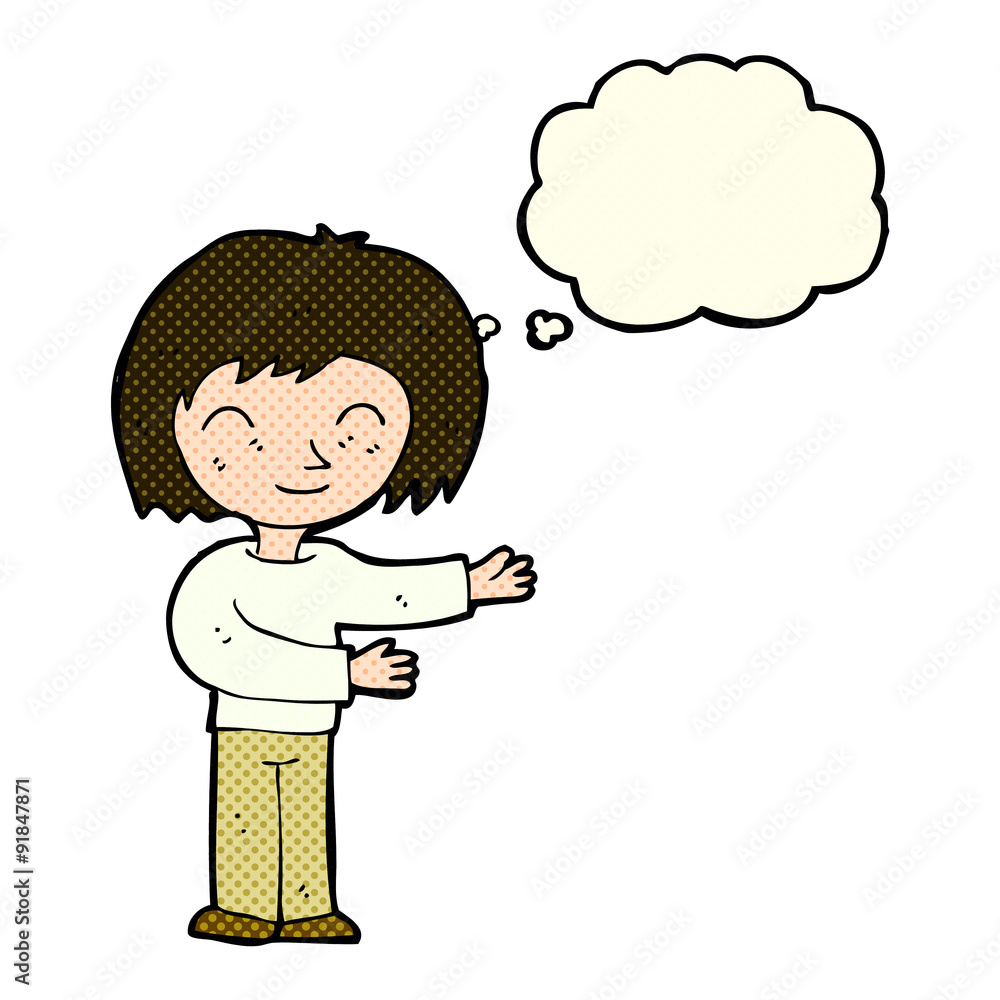 cartoon woman gesturing welcome with thought bubble cartoon woman gesturing welcome with thought bubble