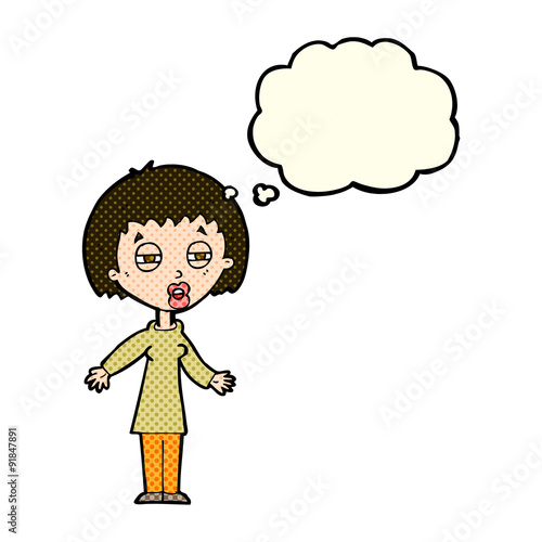 cartoon tired woman with thought bubble