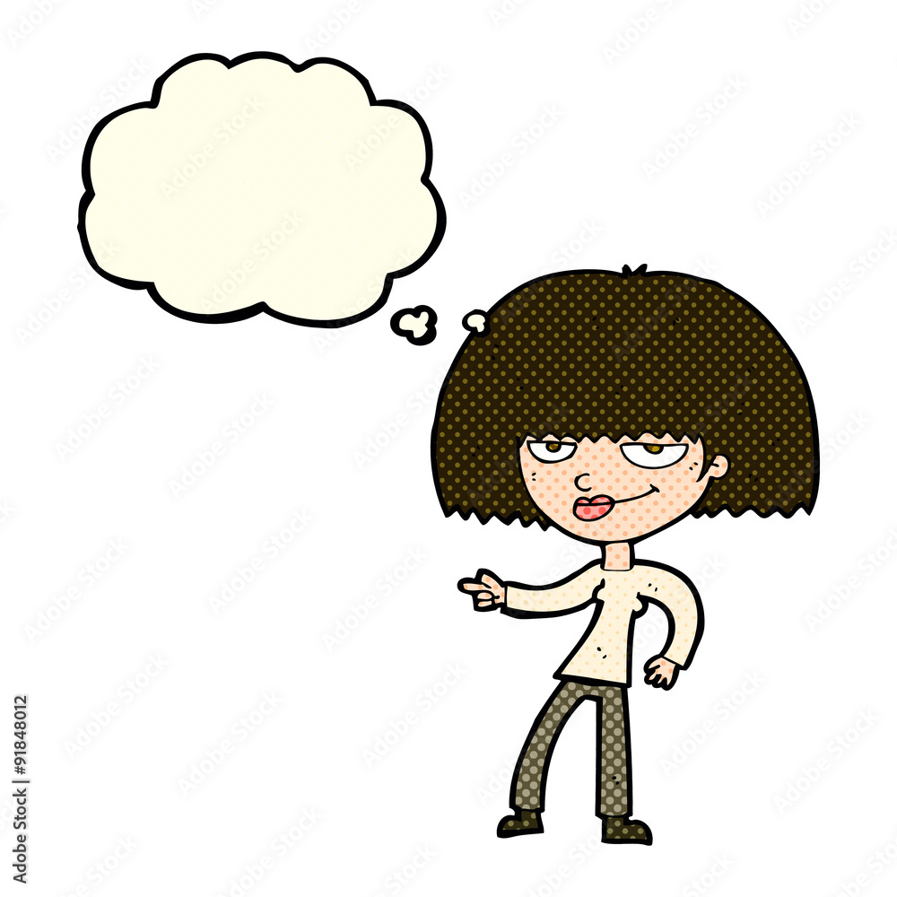 cartoon happy woman pointing with thought bubble cartoon happy woman pointing with thought bubble