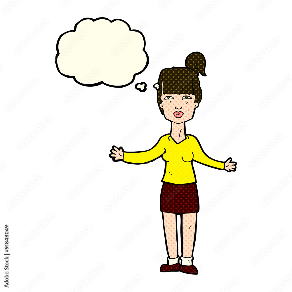 cartoon woman shrugging shoulders with thought bubble cartoon woman shrugging shoulders with thought bubble