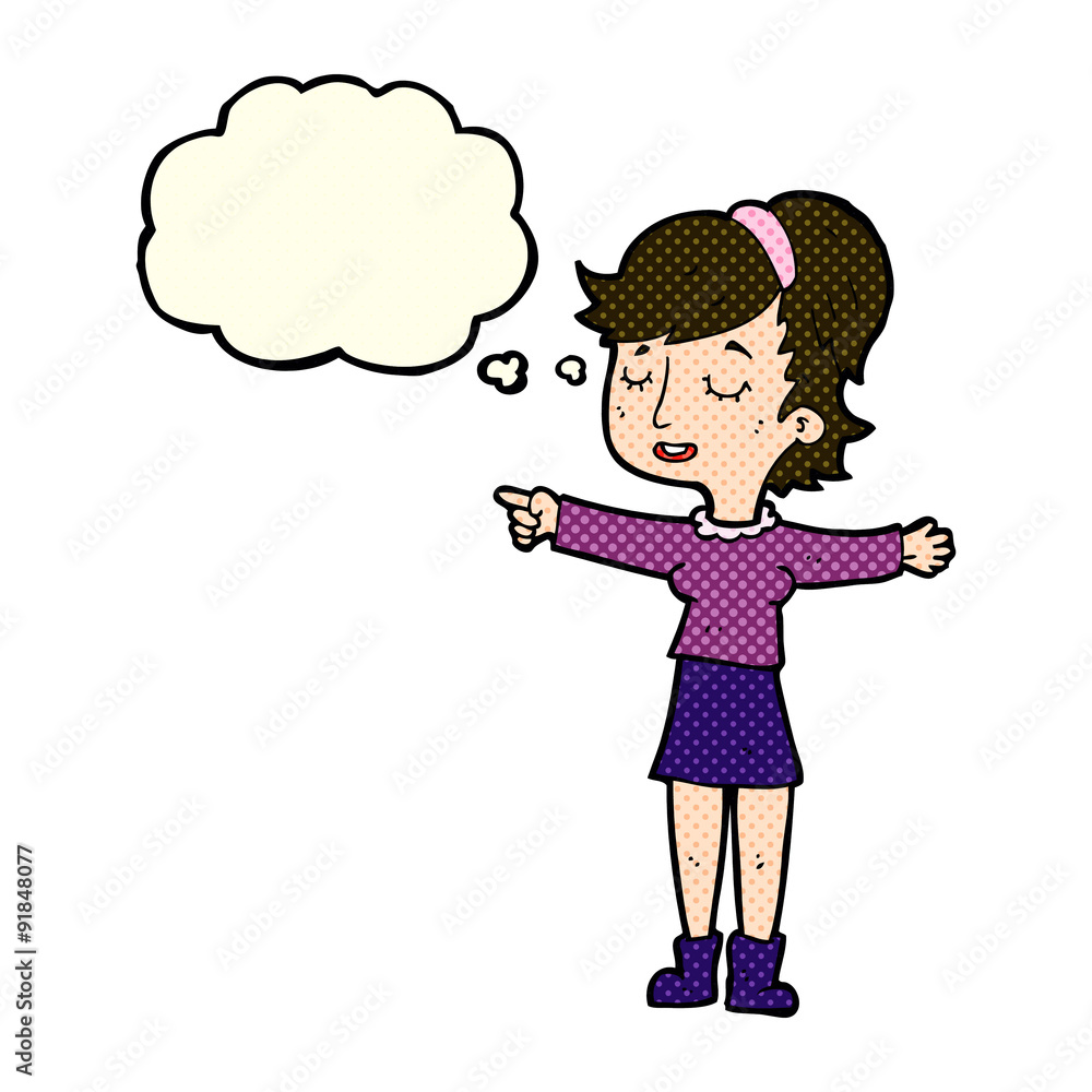 cartoon happy woman pointing with thought bubble cartoon happy woman pointing with thought bubble
