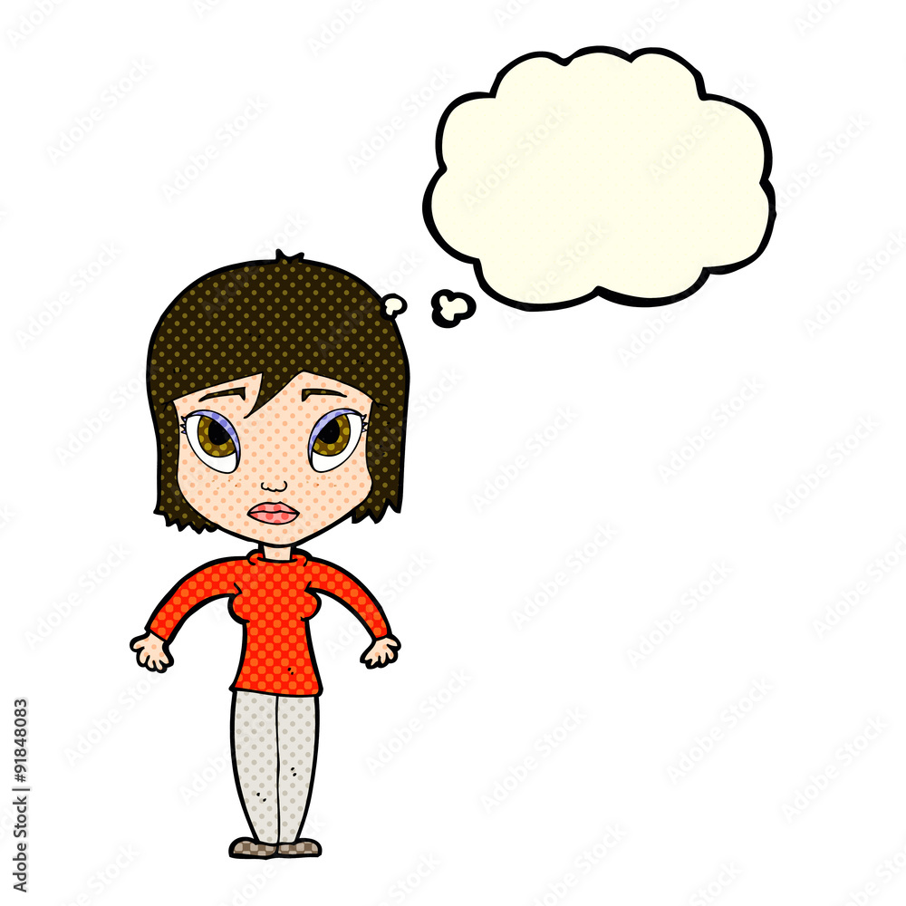cartoon woman shrugging shoulders with thought bubble cartoon woman shrugging shoulders with thought bubble