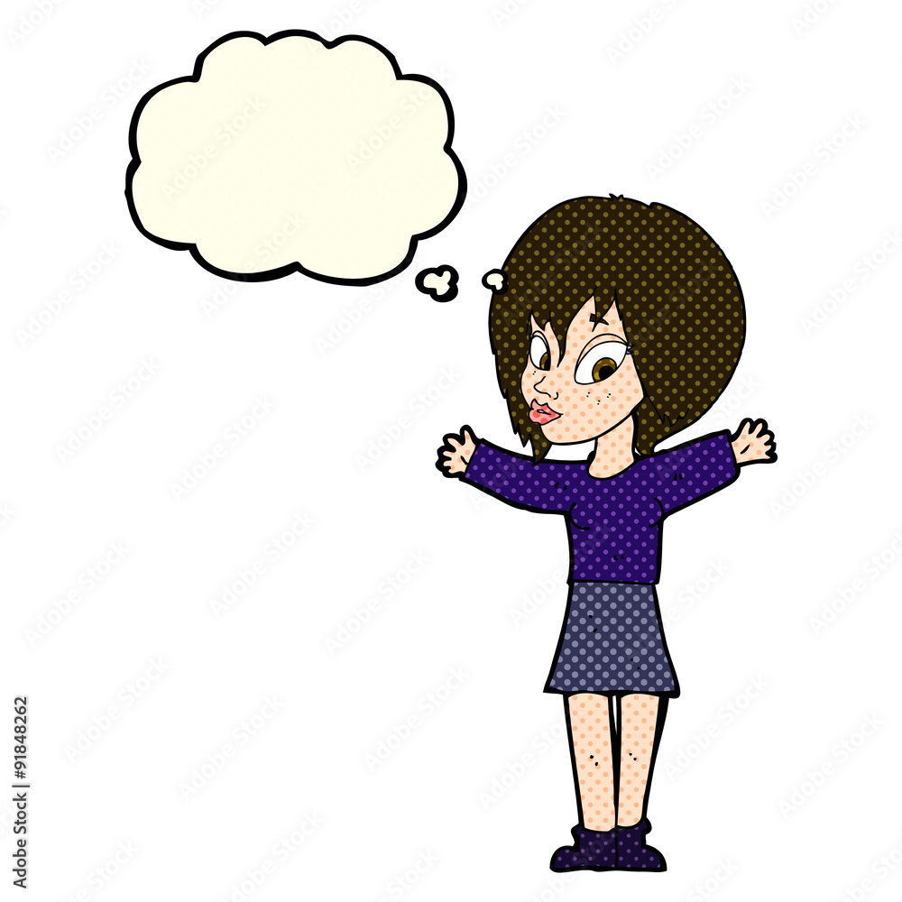 cartoon woman with open arms with thought bubble cartoon woman with open arms with thought bubble