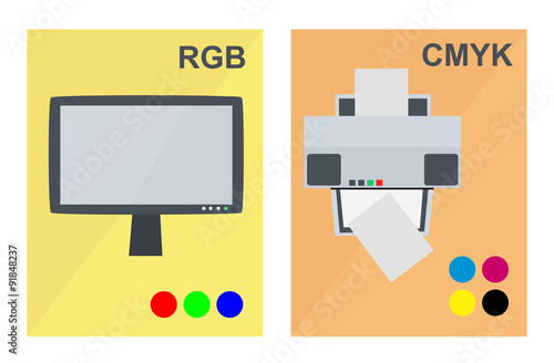 Vector RGB and CMYK concept with lcd monitor and office printer in flat style