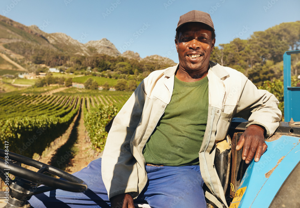 Fotografie Vineyard worker sitting on his tractor smiling.