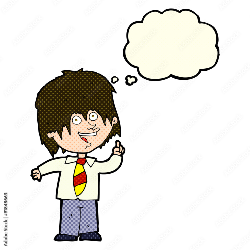 cartoon school boy with idea with thought bubble cartoon school boy with idea with thought bubble