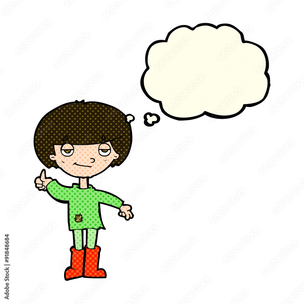 cartoon boy in poor clothing giving thumbs up symbol with though cartoon boy in poor clothing giving thumbs up symbol with though