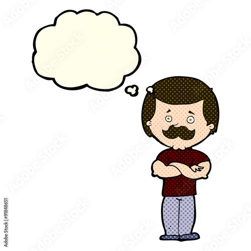 cartoon manly mustache man with thought bubble
