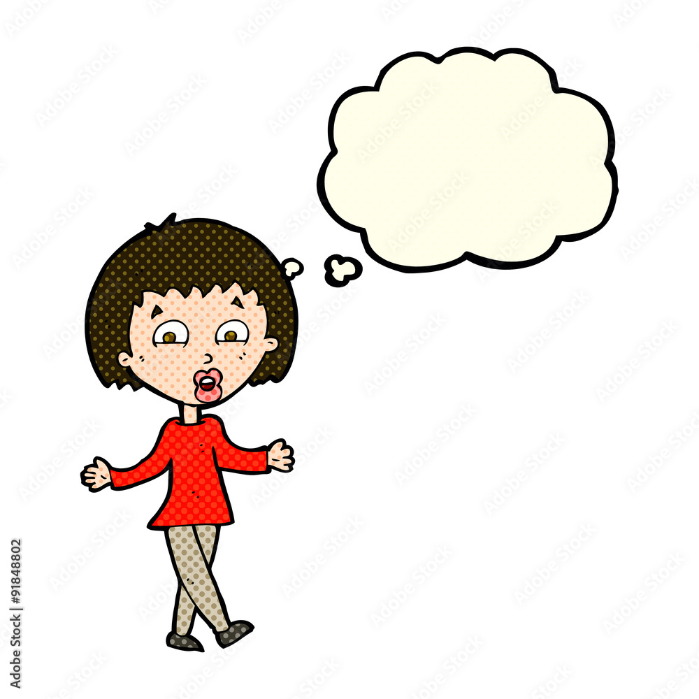cartoon woman shrugging shoulders with thought bubble cartoon woman shrugging shoulders with thought bubble